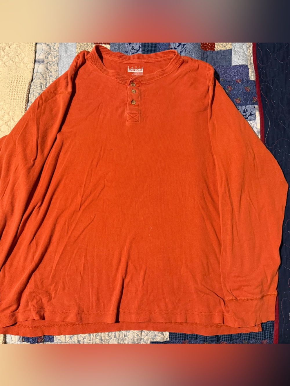 Basic Editions Men's Long Sleeve Henley - Rust. 100% Cotton
